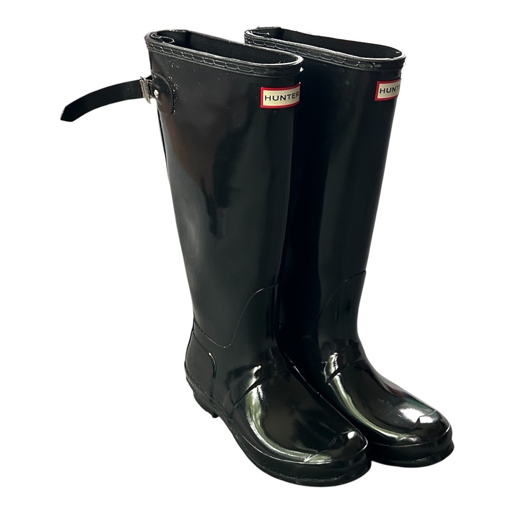 Hunter Rain Boots Original Back Adjust Gloss Womens 9 Black Rubber Knee High
